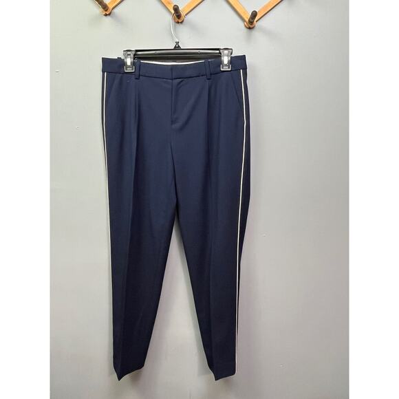 J Crew Bi Stretch Navy wool blend trousers Womens 4 pinstripe sides Pockets - Picture 1 of 6